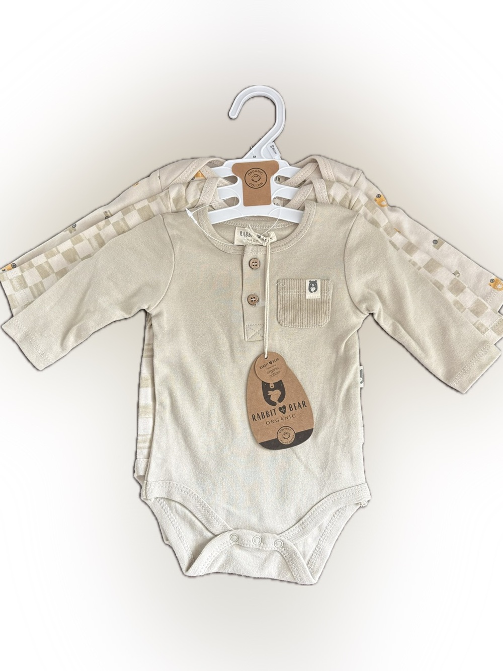 Organic Cotton 3 Piece Set Rabbit+Bear Baby Long Sleeve Bodysuits Checkered Cars
